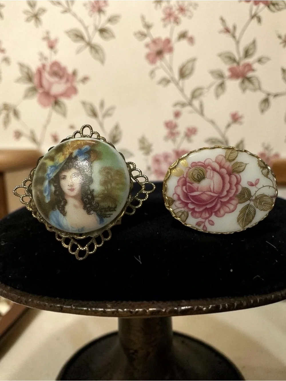 Painted Porcelain or Ceramic Rose and Portrait Brooch Set - Pink and Multicolor